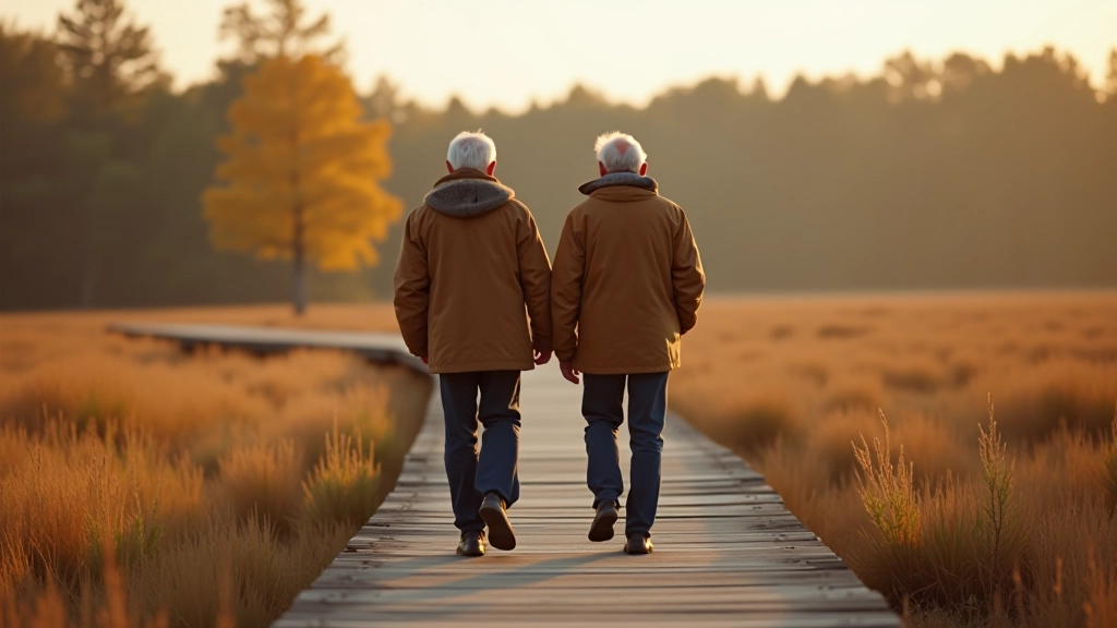 Seniori staigā pa koka laipas purva vidū, rudens daba apkārt, mierīga atmosfēra