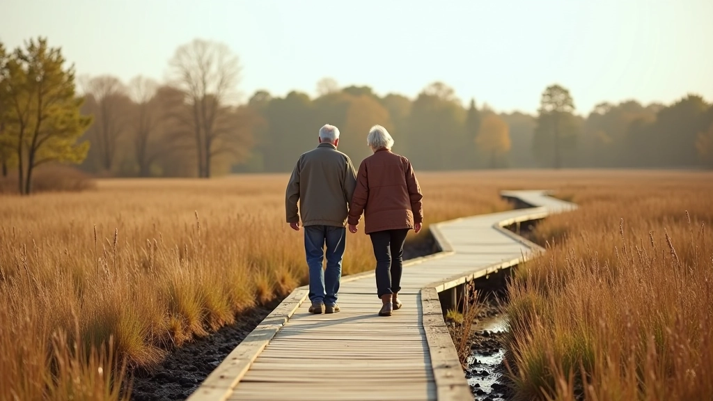 Seniori staigā pa koka platformu purva vidū, skaidrs laikapstāklis, draudzīga atmosfēra, Latvijas dabas ainava